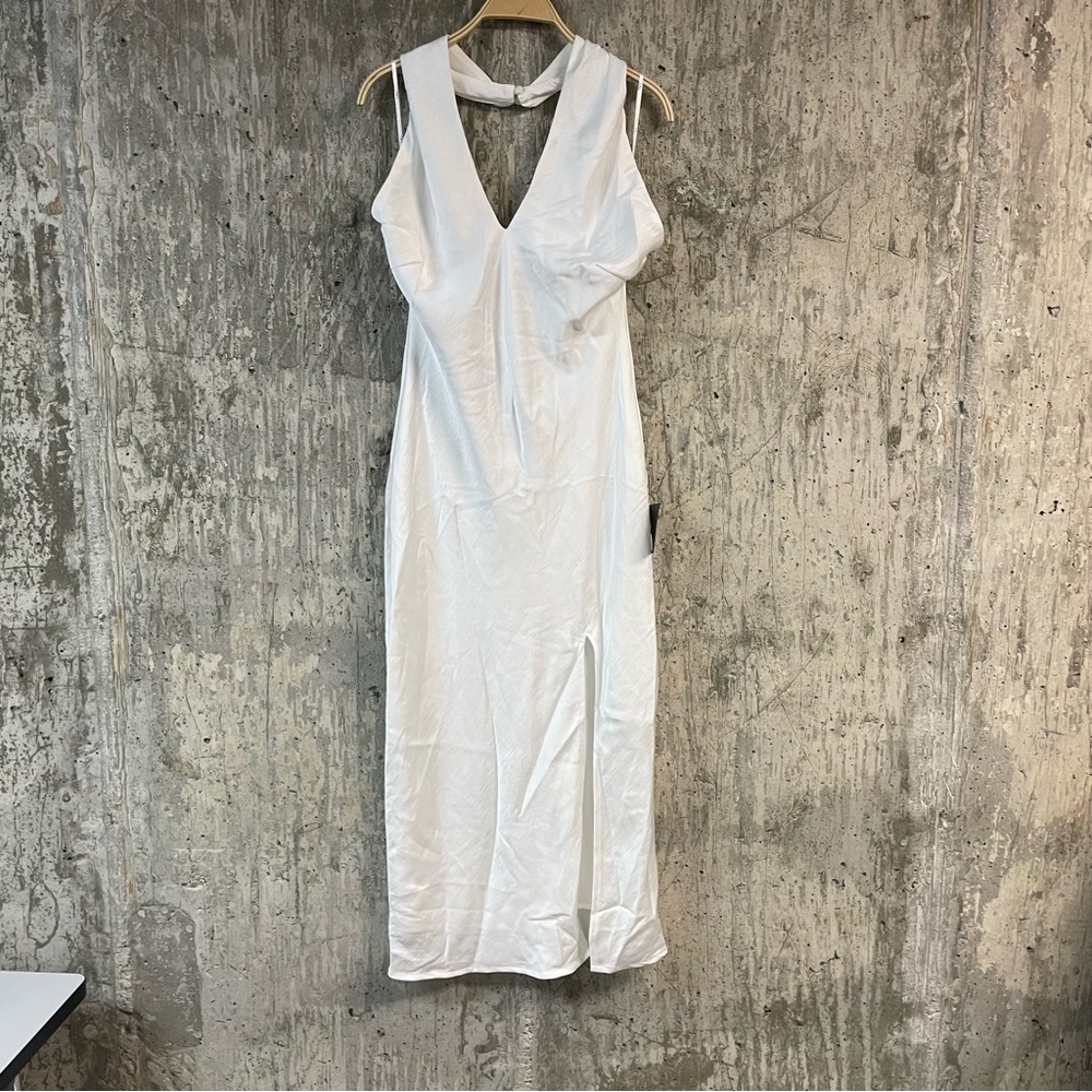 LULUS Women's Satin Deep V-Neck Halter Slit Maxi Dress Size L In White - Picture 2 of 7